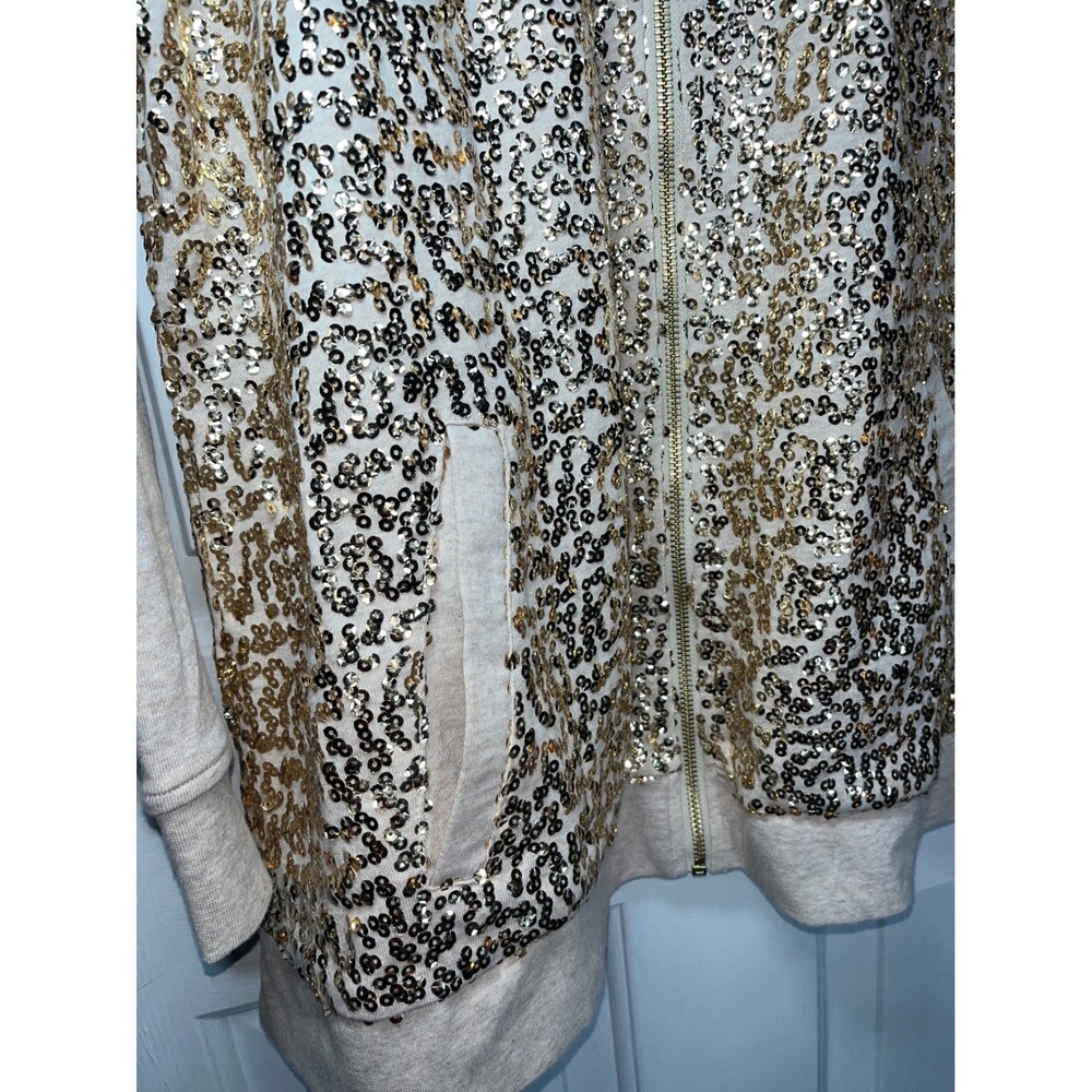 Isaac Mizrahi Live QVC Gold Sequin Zip Hoodie Large Oatmeal Raglan Sparkle Luxe - Picture 5 of 10